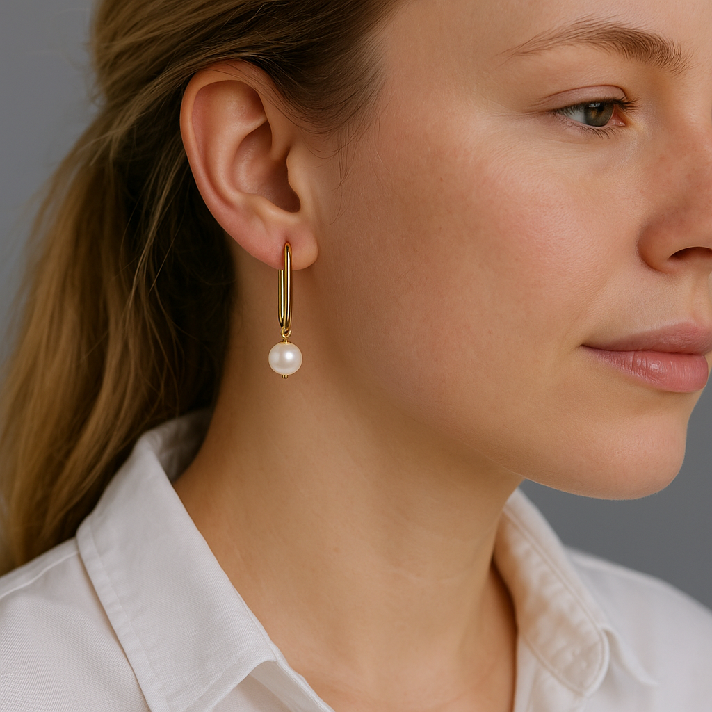 14K Solid Gold Pearl Drop Earrings – Elegant Real Gold Hoops with Freshwater Pear