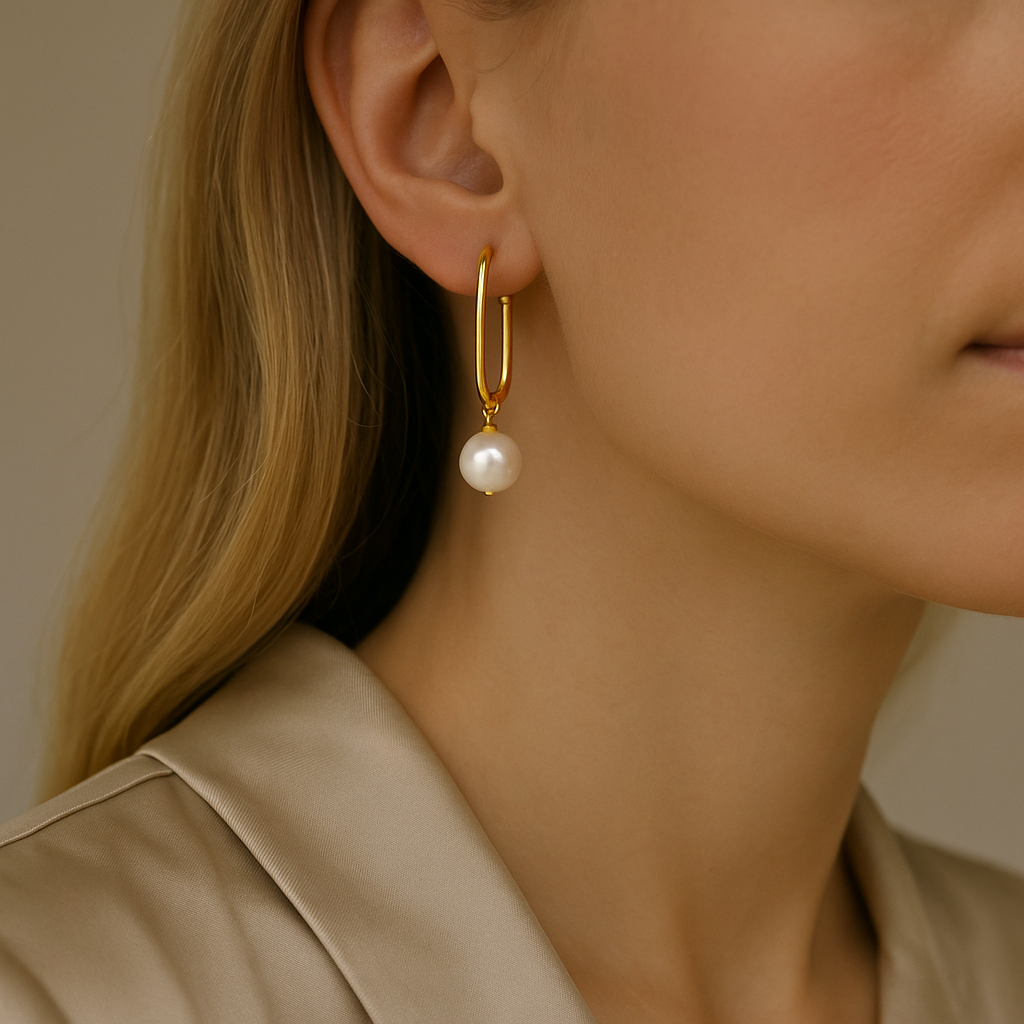 14K Solid Gold Pearl Drop Earrings – Elegant Real Gold Hoops with Freshwater Pear