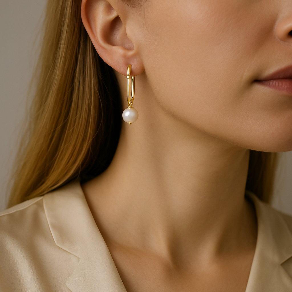 14K Solid Gold Pearl Drop Earrings – Elegant Real Gold Hoops with Freshwater Pear
