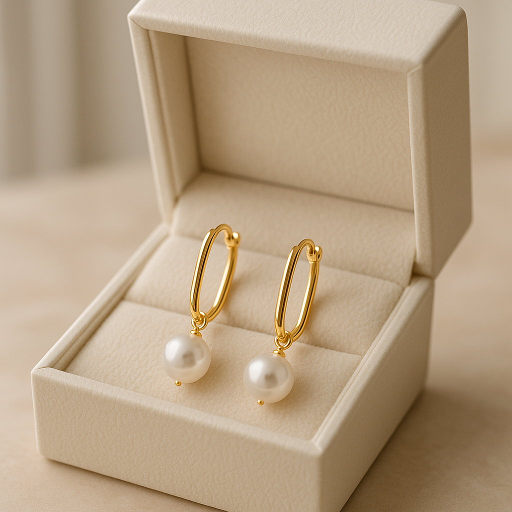 14K Solid Gold Pearl Drop Earrings – Elegant Real Gold Hoops with Freshwater Pear