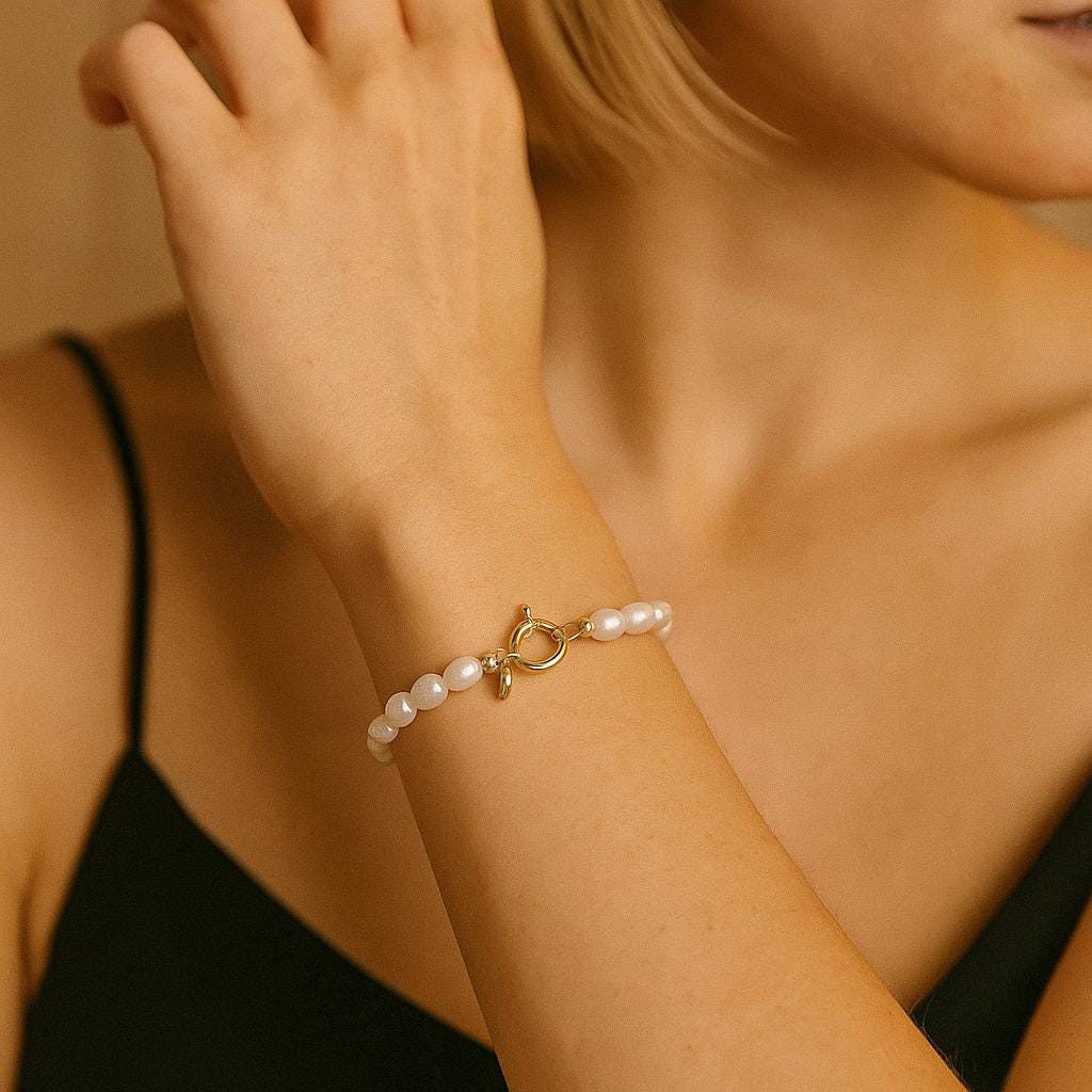 14K Solid Gold Pearl Bracelet – Handmade Real Freshwater Pearl Jewelry