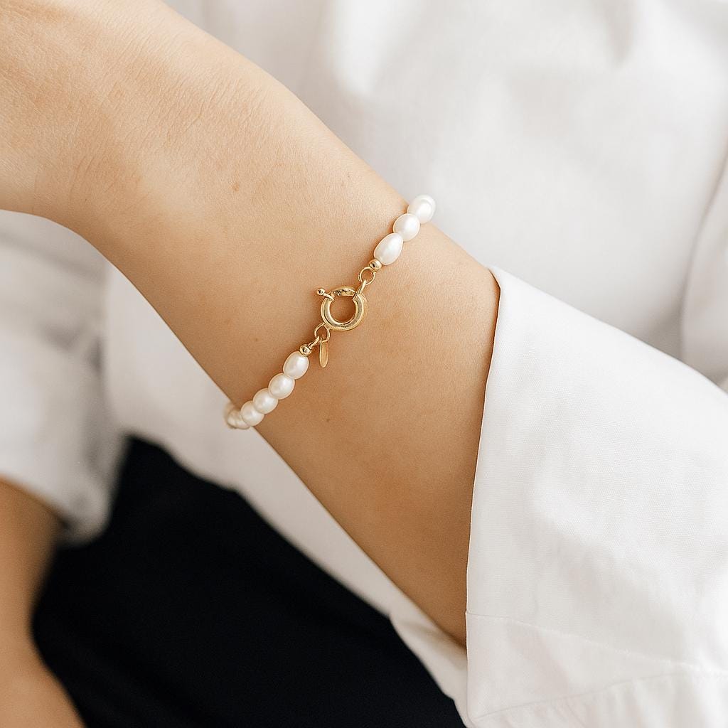 14K Solid Gold Pearl Bracelet – Handmade Real Freshwater Pearl Jewelry