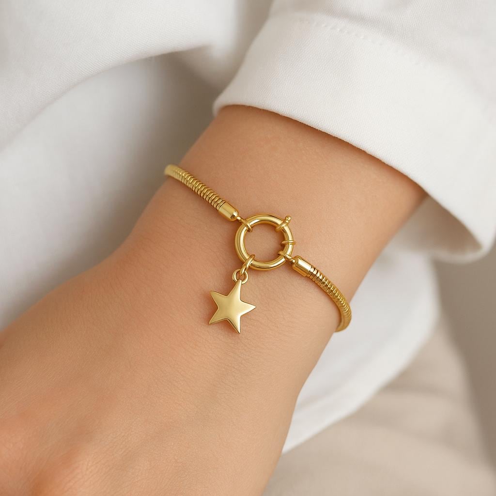 14K Solid Gold Star Charm Bracelet – Handmade Real Gold Snake Chain Jewelry, Minimalist Everyday Bracelet, Dainty Gift for Women