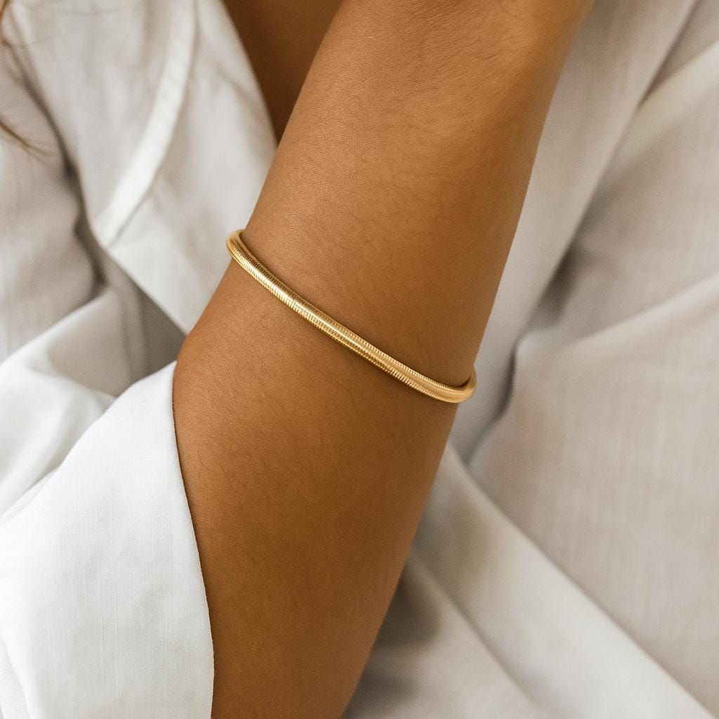 14K Solid Gold Herringbone Bracelet – Handmade Real Gold Flat Snake Chain