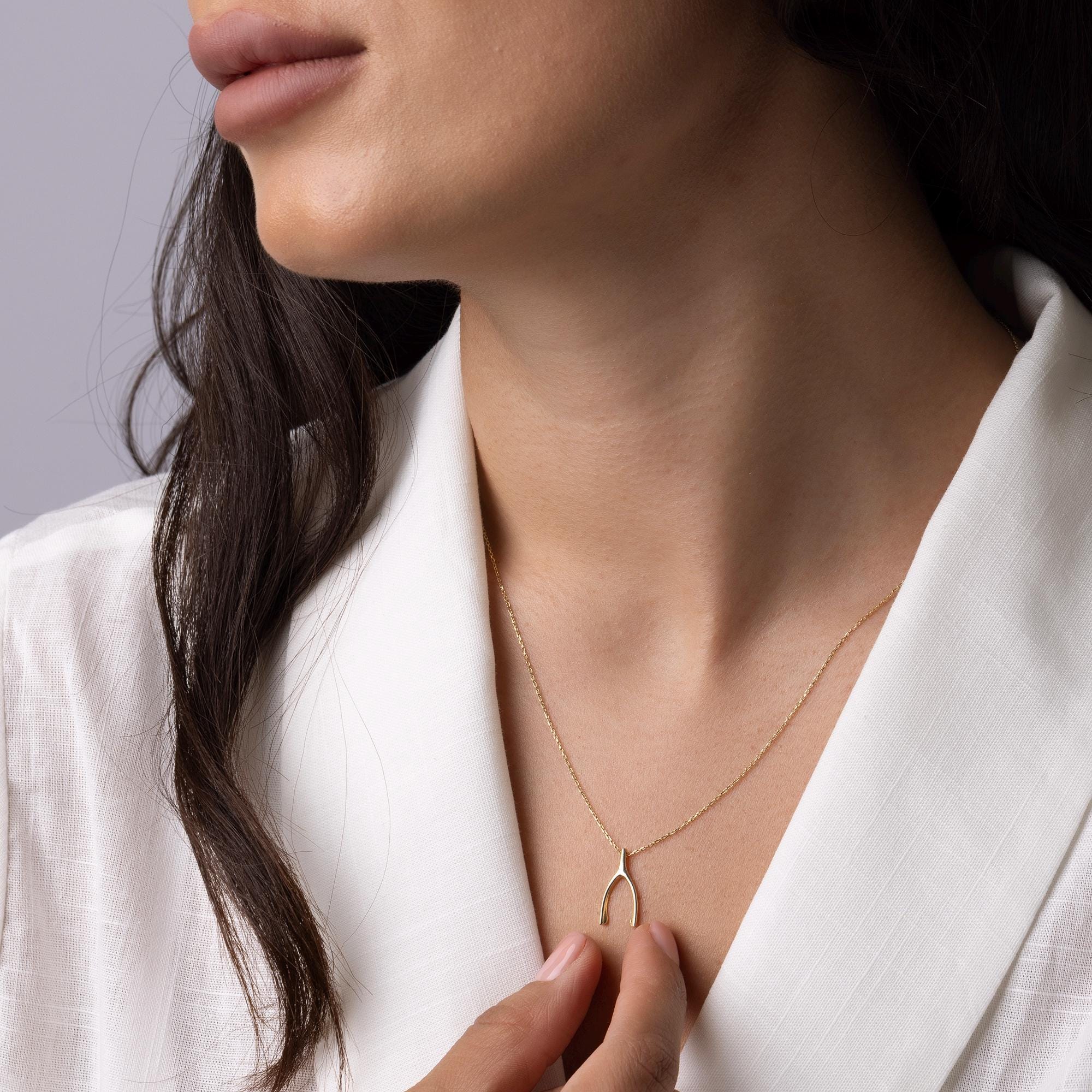 14K Solid Gold Wishbone Necklace - Dainty Lucky Charm Pendant