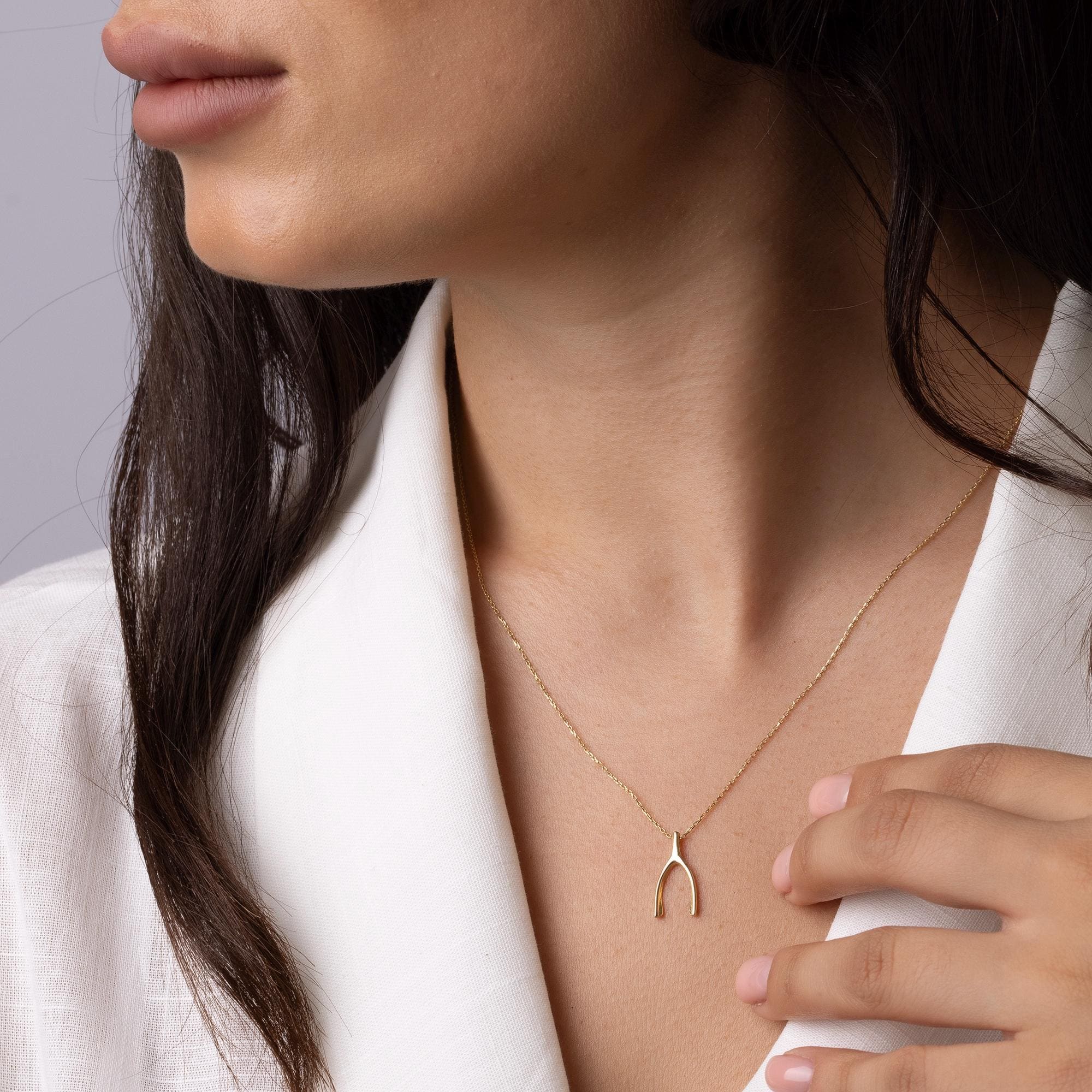 14K Solid Gold Wishbone Necklace - Dainty Lucky Charm Pendant