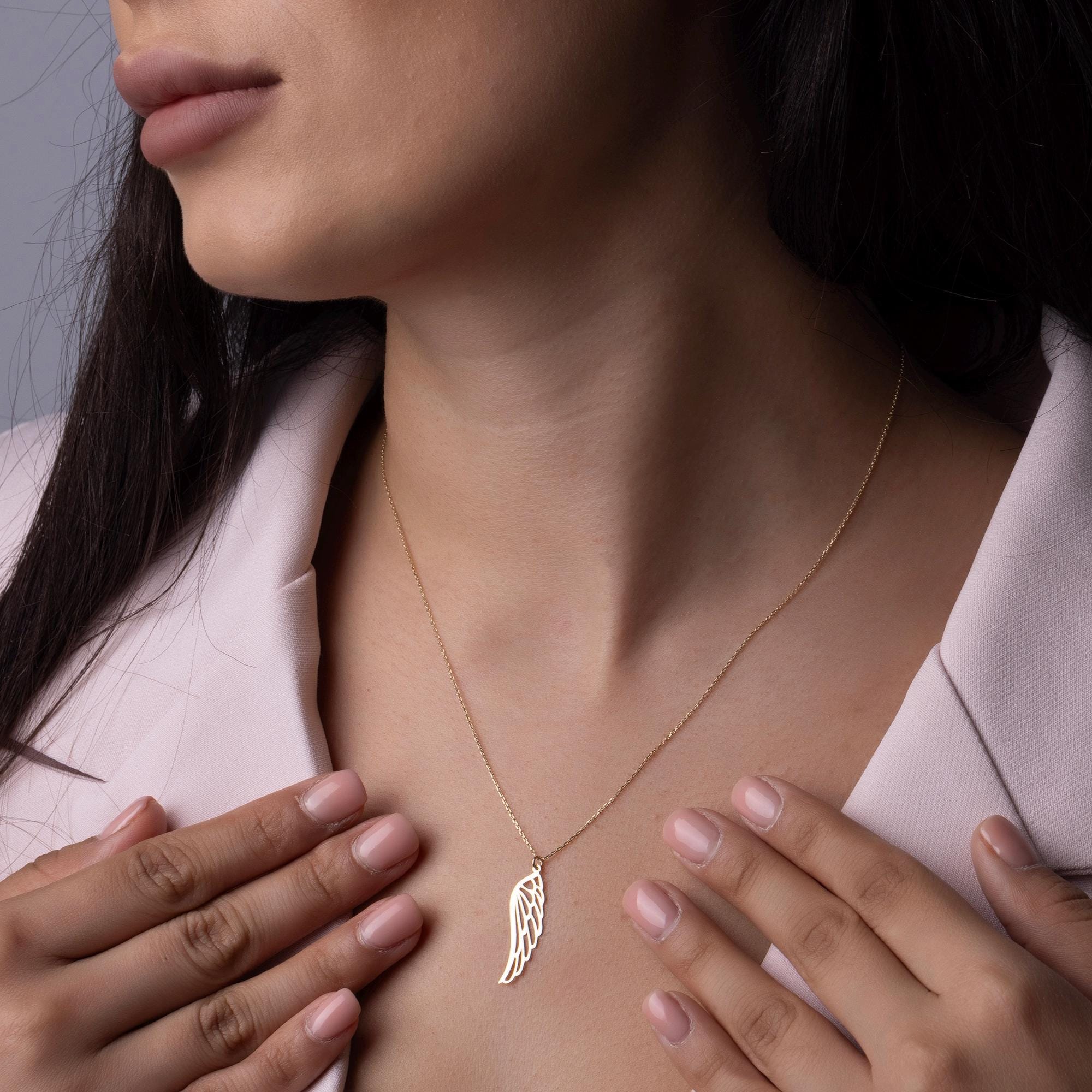 14K Solid Gold Angel Wing Necklace - Dainty Real Gold Pendant