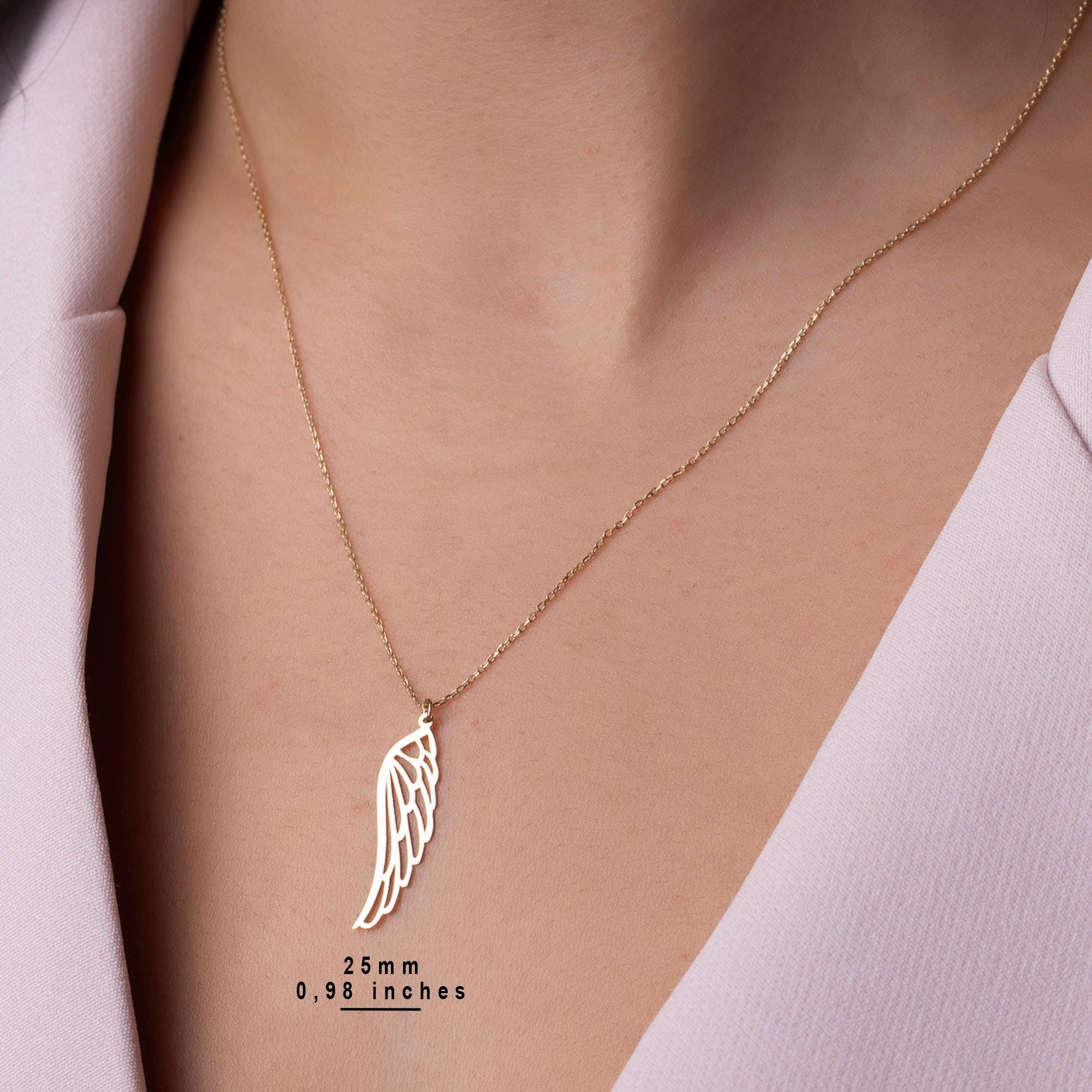14K Solid Gold Angel Wing Necklace - Dainty Real Gold Pendant