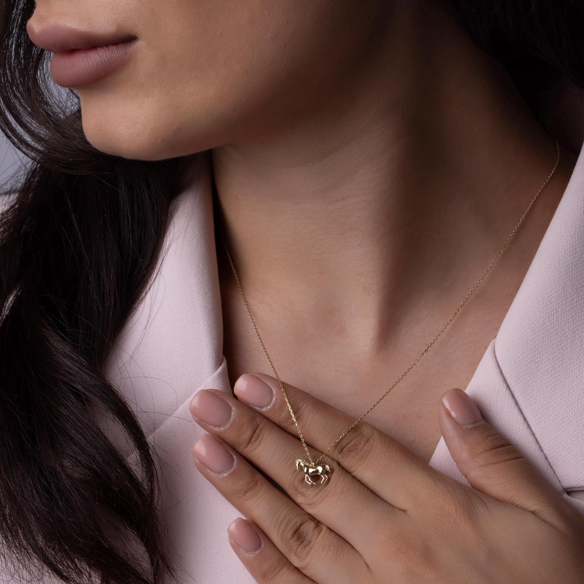 14K Solid Gold Horse Necklace - Real Gold Animal Pendant