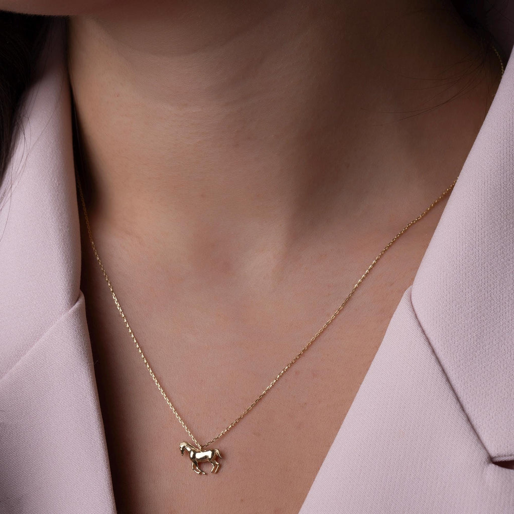 14K Solid Gold Horse Necklace - Real Gold Animal Pendant