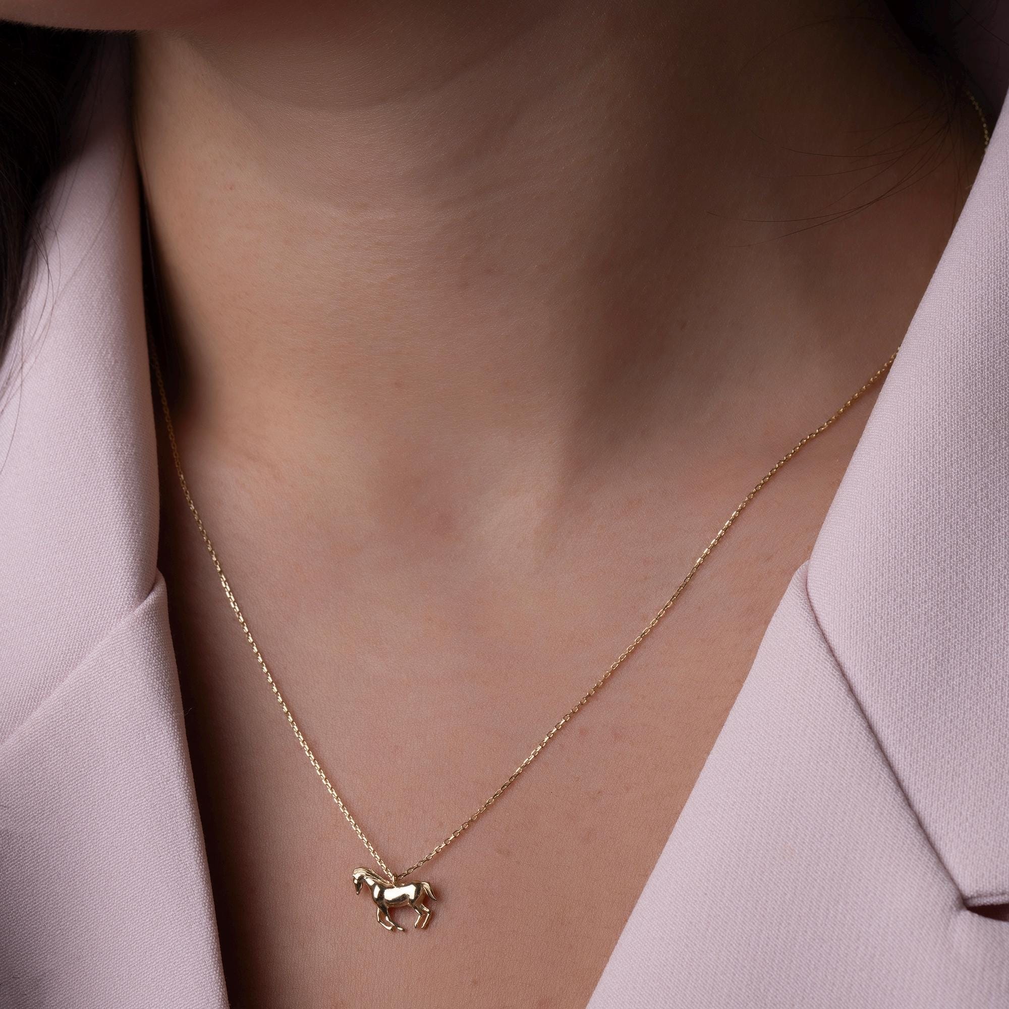 14K Solid Gold Horse Necklace - Real Gold Animal Pendant