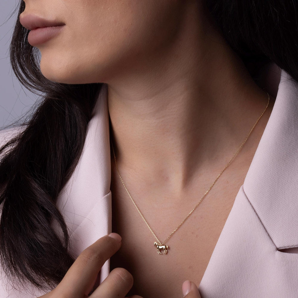 14K Solid Gold Horse Necklace - Real Gold Animal Pendant