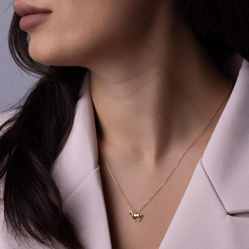 14K Solid Gold Horse Necklace - Real Gold Animal Pendant