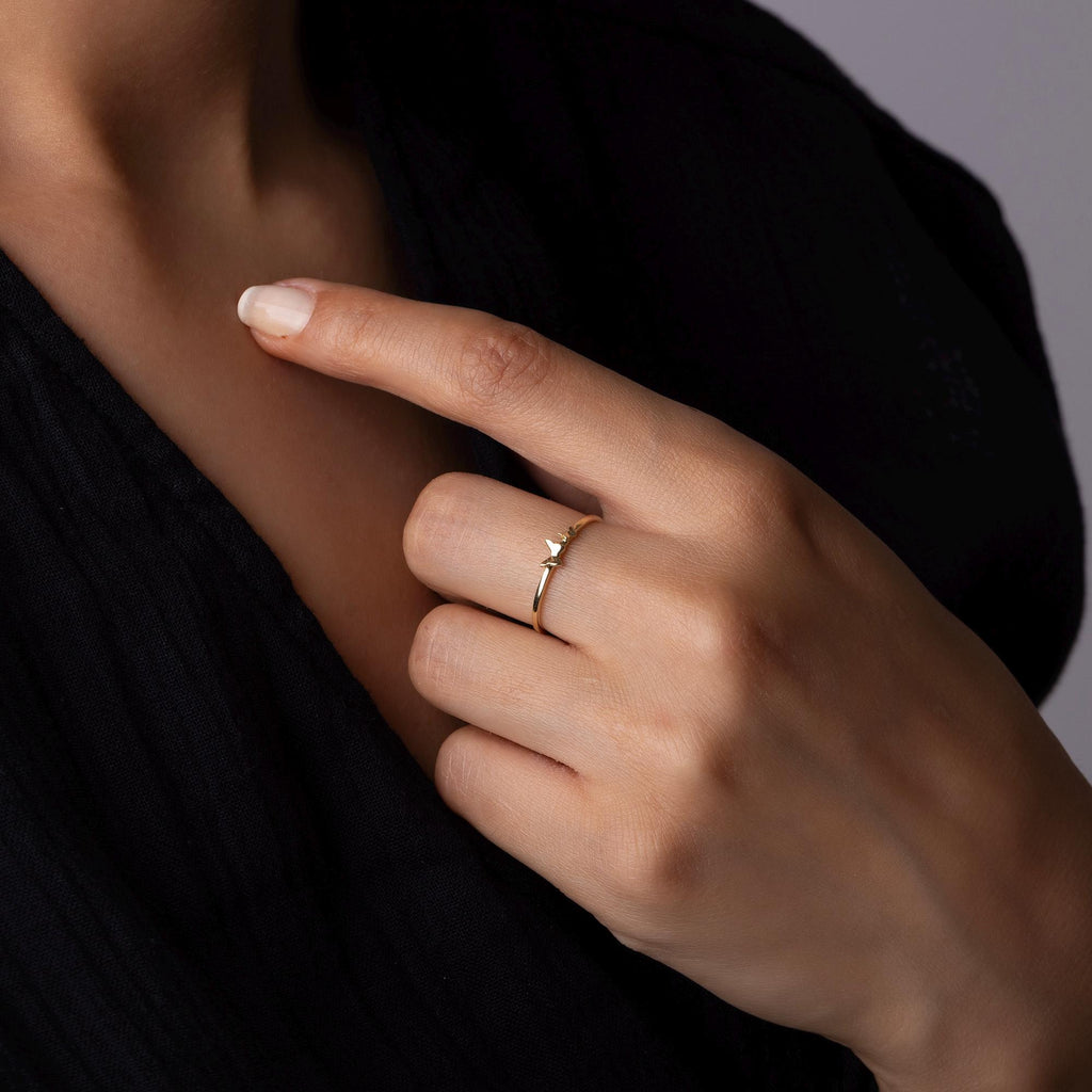 14K Solid Gold Dainty Ring – Minimalist Bird Design