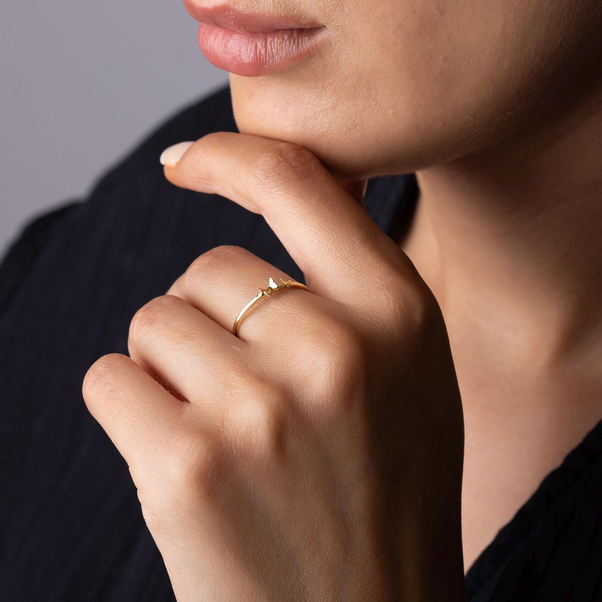 14K Solid Gold Dainty Ring – Minimalist Bird Design