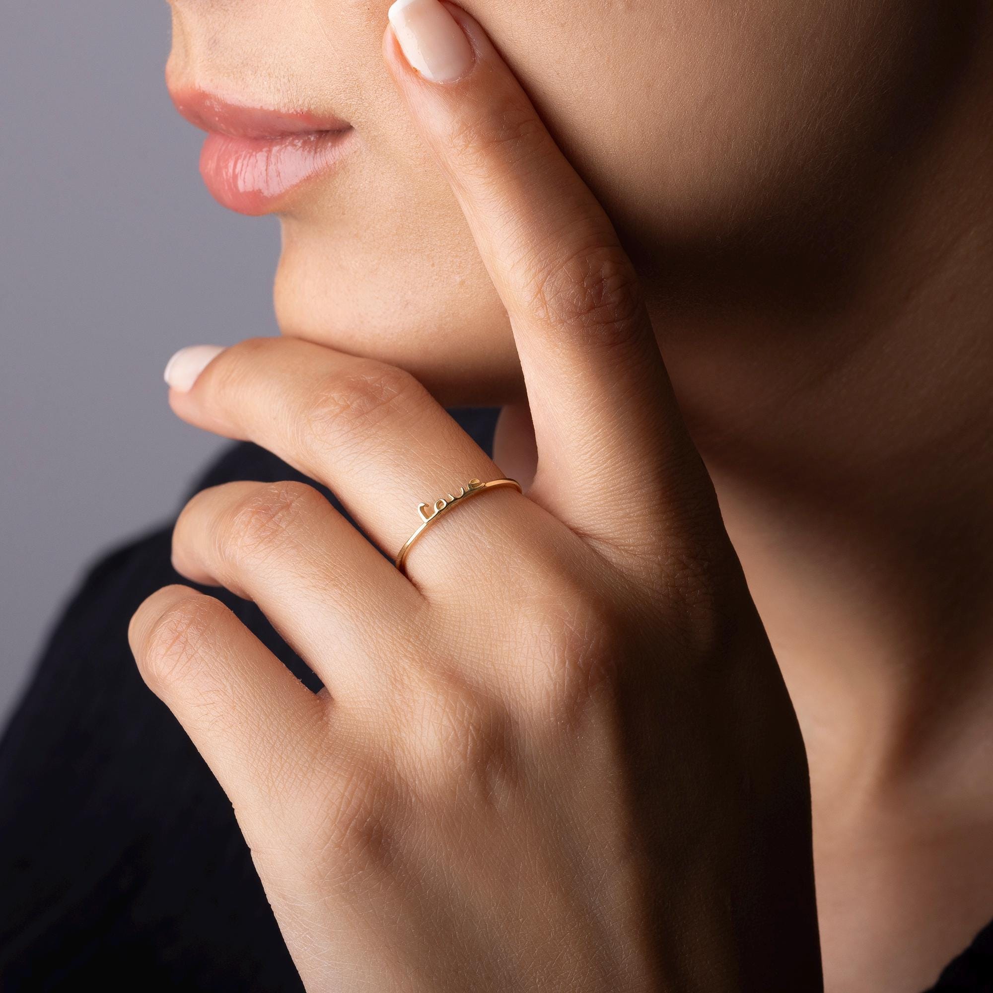 14K Solid Gold Love Ring – Dainty Minimalist Band