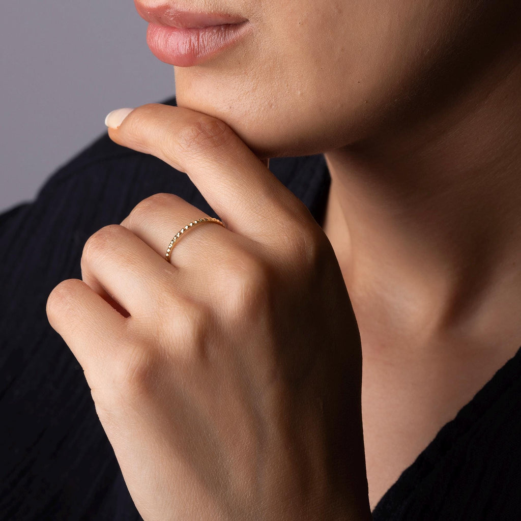 14K Solid Gold Beaded Ring – Dainty Minimalist Band, Everyday Stacking Ring