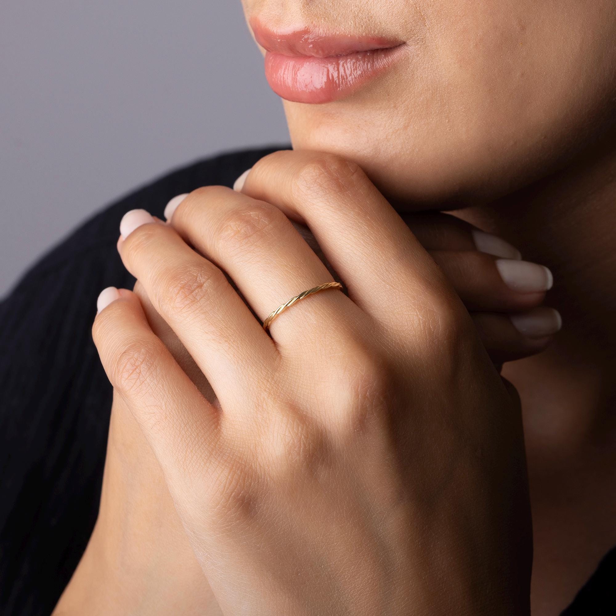 14K Solid Gold Twist Ring – Dainty Minimalist Band