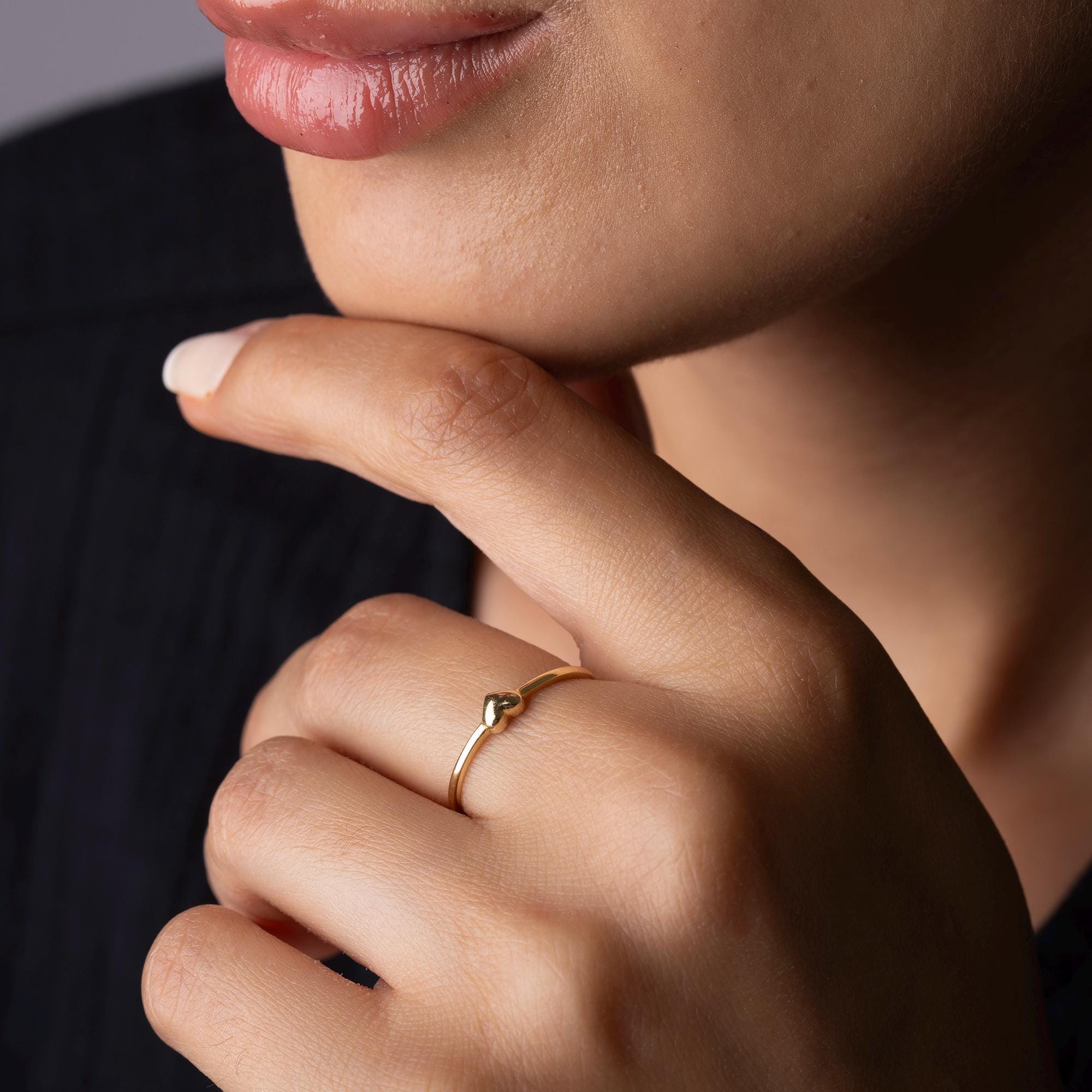 14K Solid Gold Heart Ring – Dainty Minimalist Band for Woman