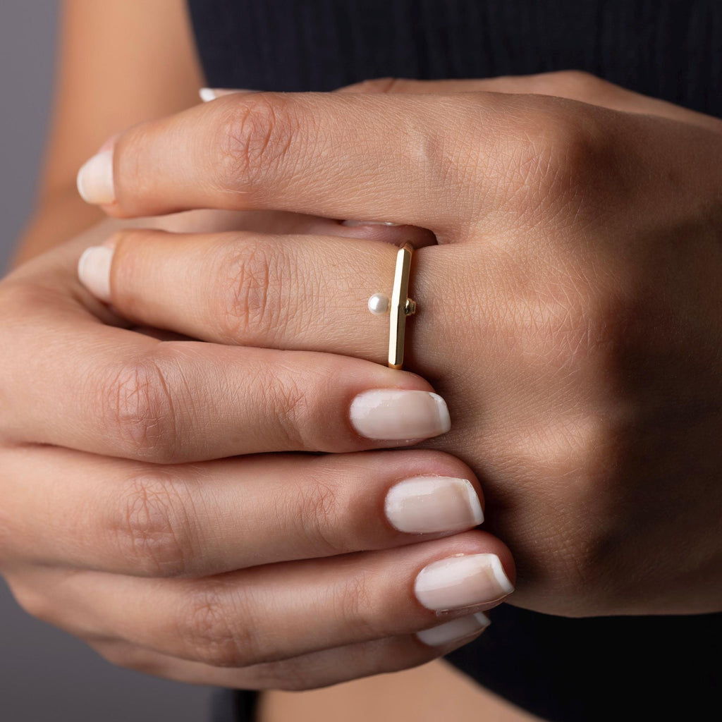 14K Solid Gold Delicate Pearl Ring –  2mm Minimalist Pearl Band