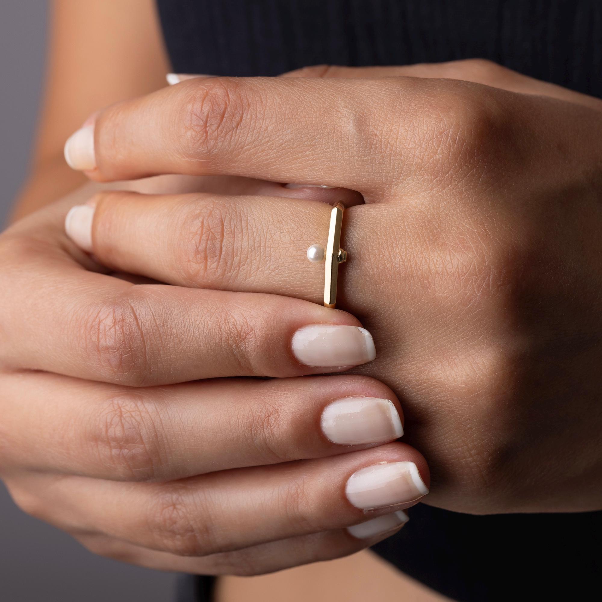 14K Solid Gold Delicate Pearl Ring –  2mm Minimalist Pearl Band