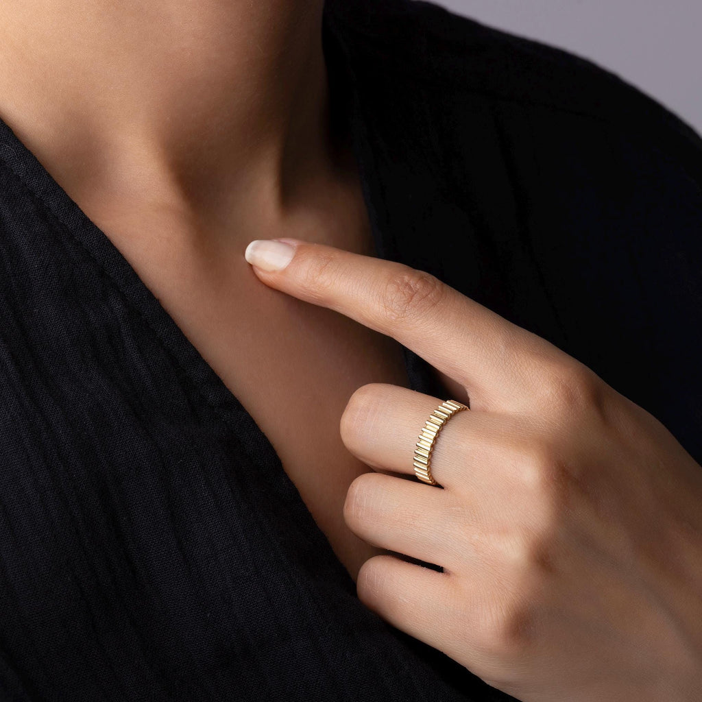 14K Solid Gold Bar Ring – 4mm Geometric Textured Band