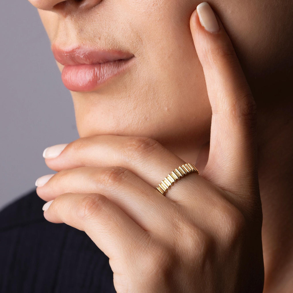 14K Solid Gold Bar Ring – 4mm Geometric Textured Band