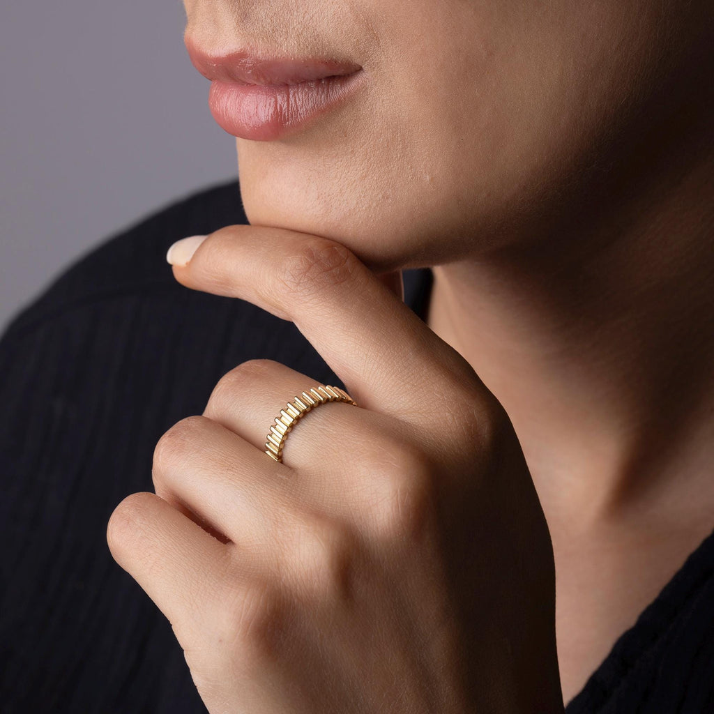 14K Solid Gold Bar Ring – 4mm Geometric Textured Band