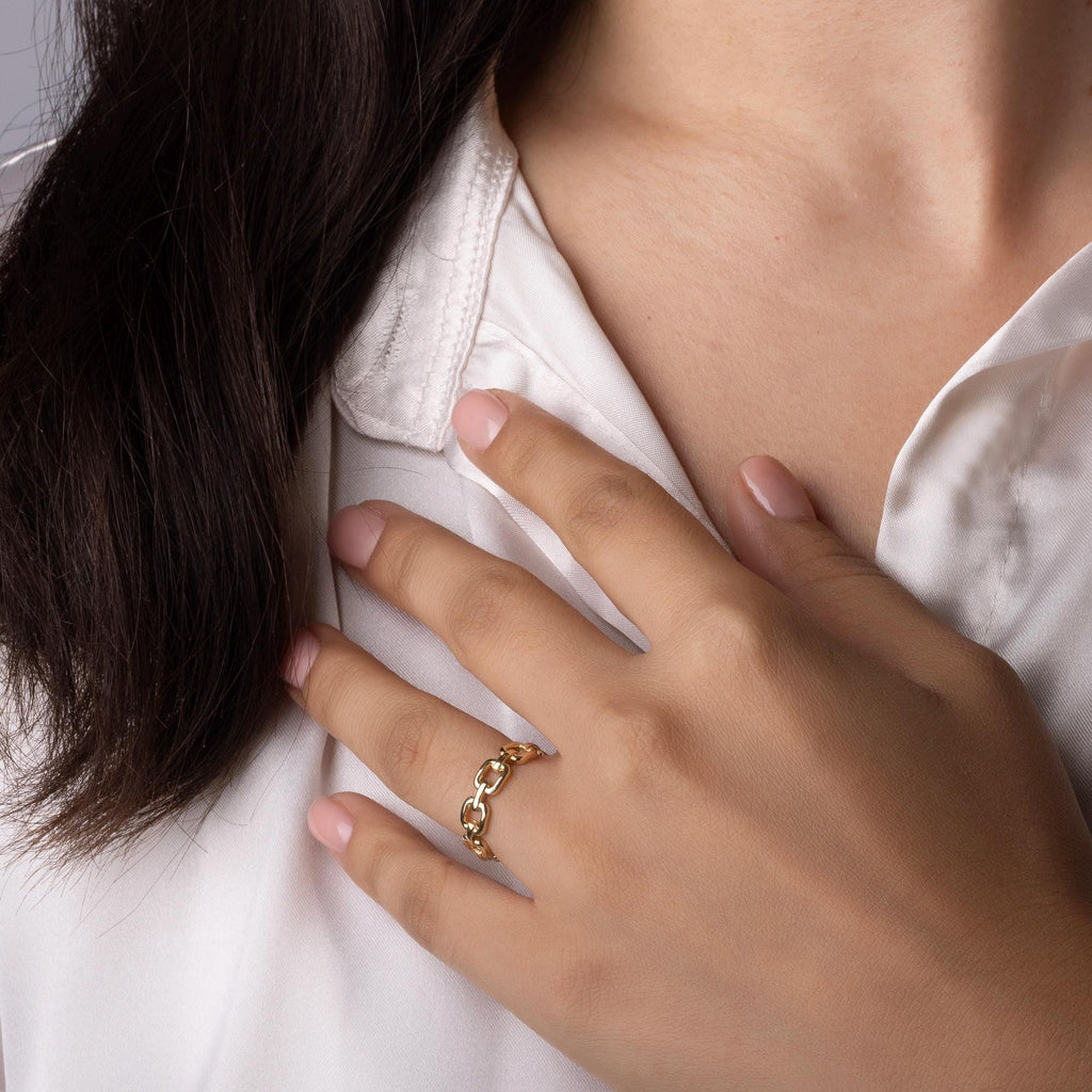 14K Solid Gold Modern Chain Ring – Handmade Modern Gold Ring