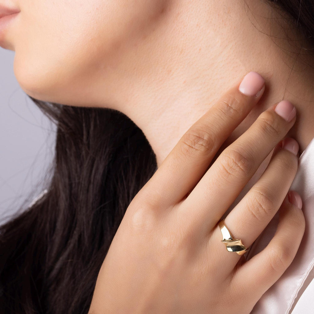 14K Solid Gold Wave Ring – Dainty Bold Statement Band