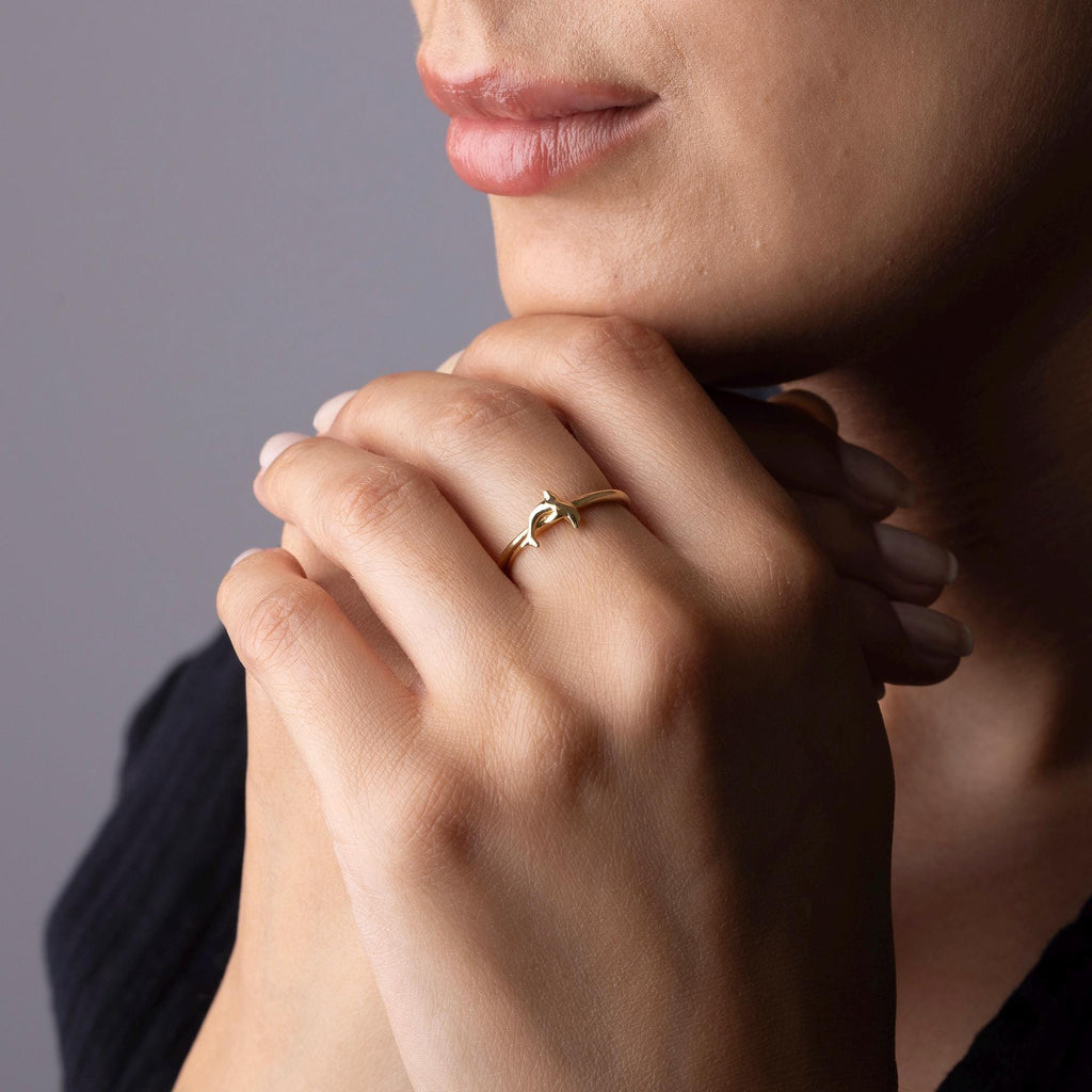 14K Solid Gold Dolphin Ring - Handmade Real Gold Animal Ring