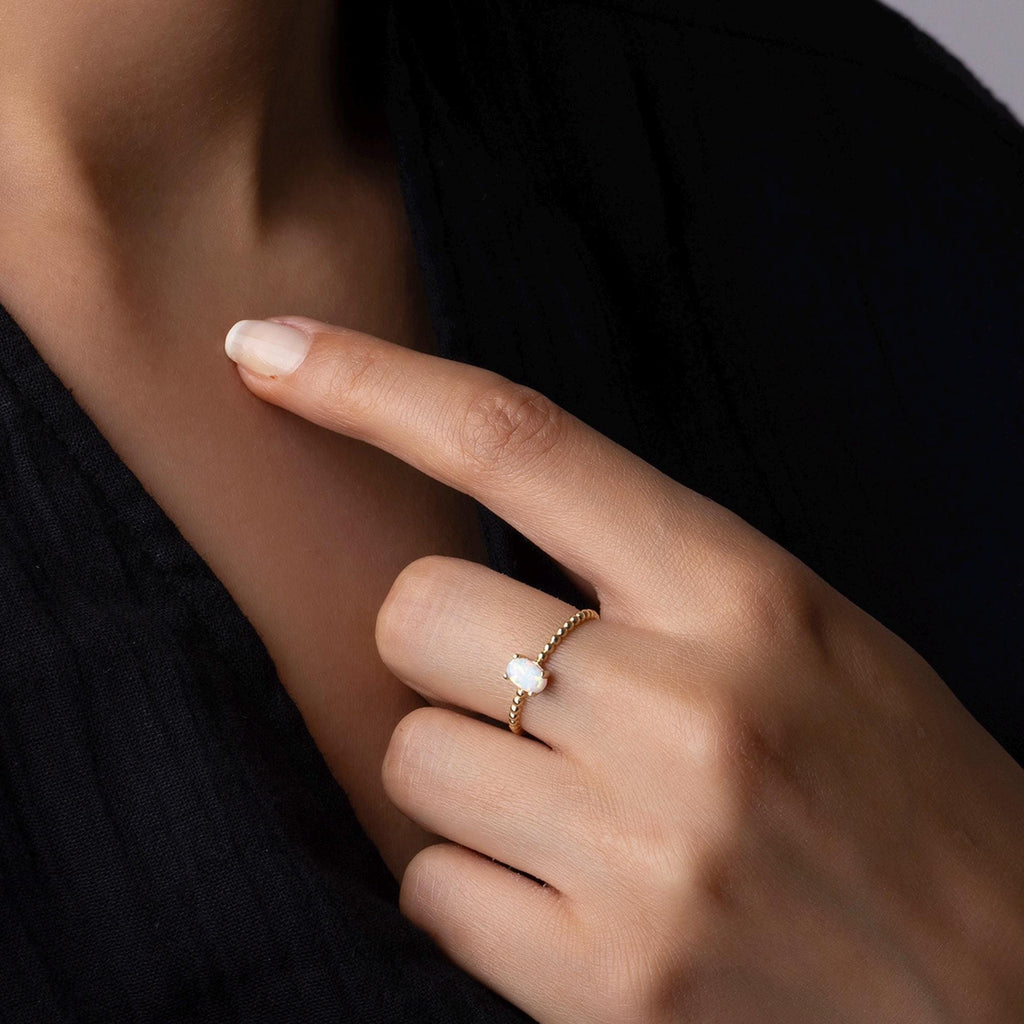 14K Solid Gold Opal Ring – Dainty Beaded Band with White Opal Stone