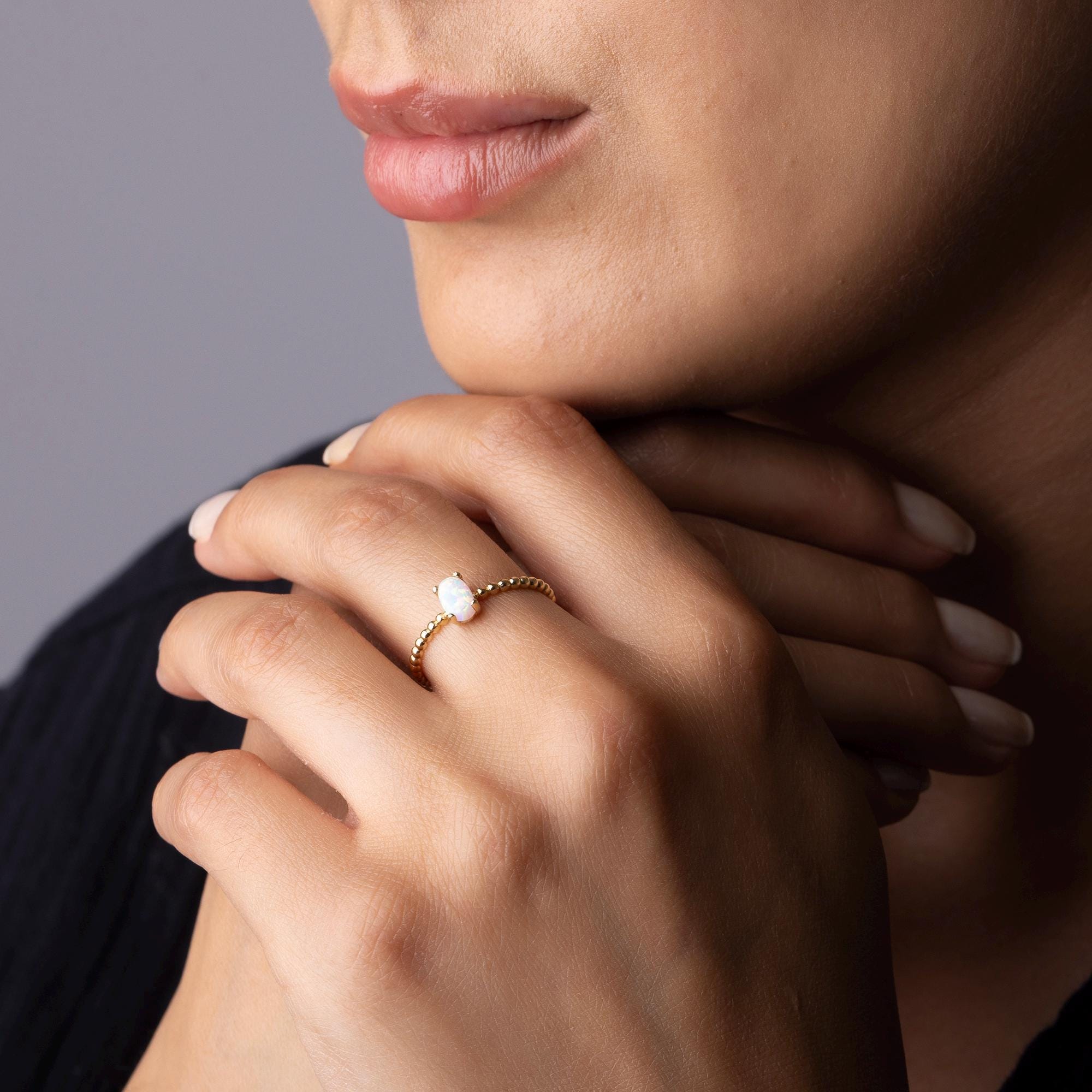 14K Solid Gold Opal Ring – Dainty Beaded Band with White Opal Stone