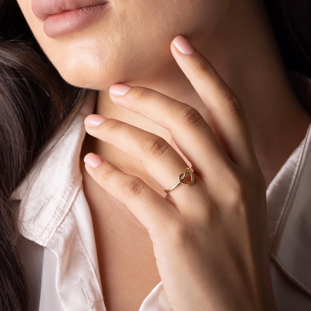 14K Solid Gold Heart Ring - Minimalist Love Knot Ring