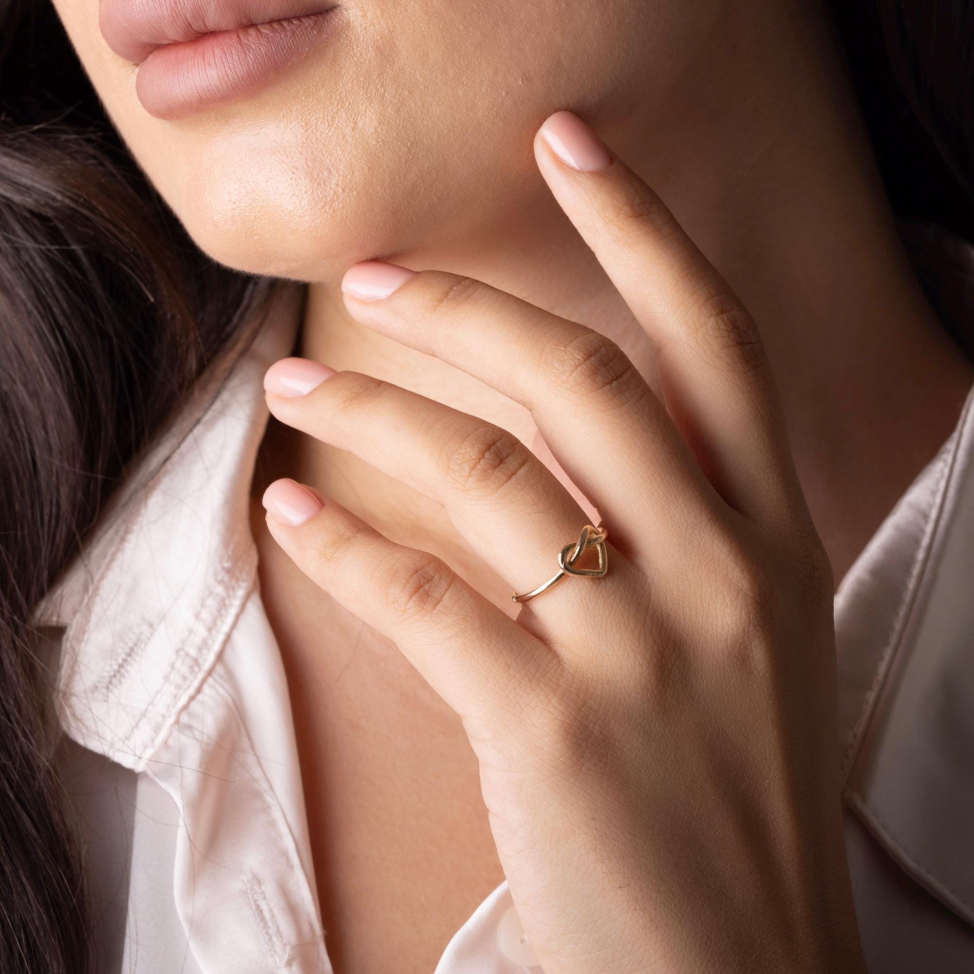 14K Solid Gold Heart Ring - Minimalist Love Knot Ring