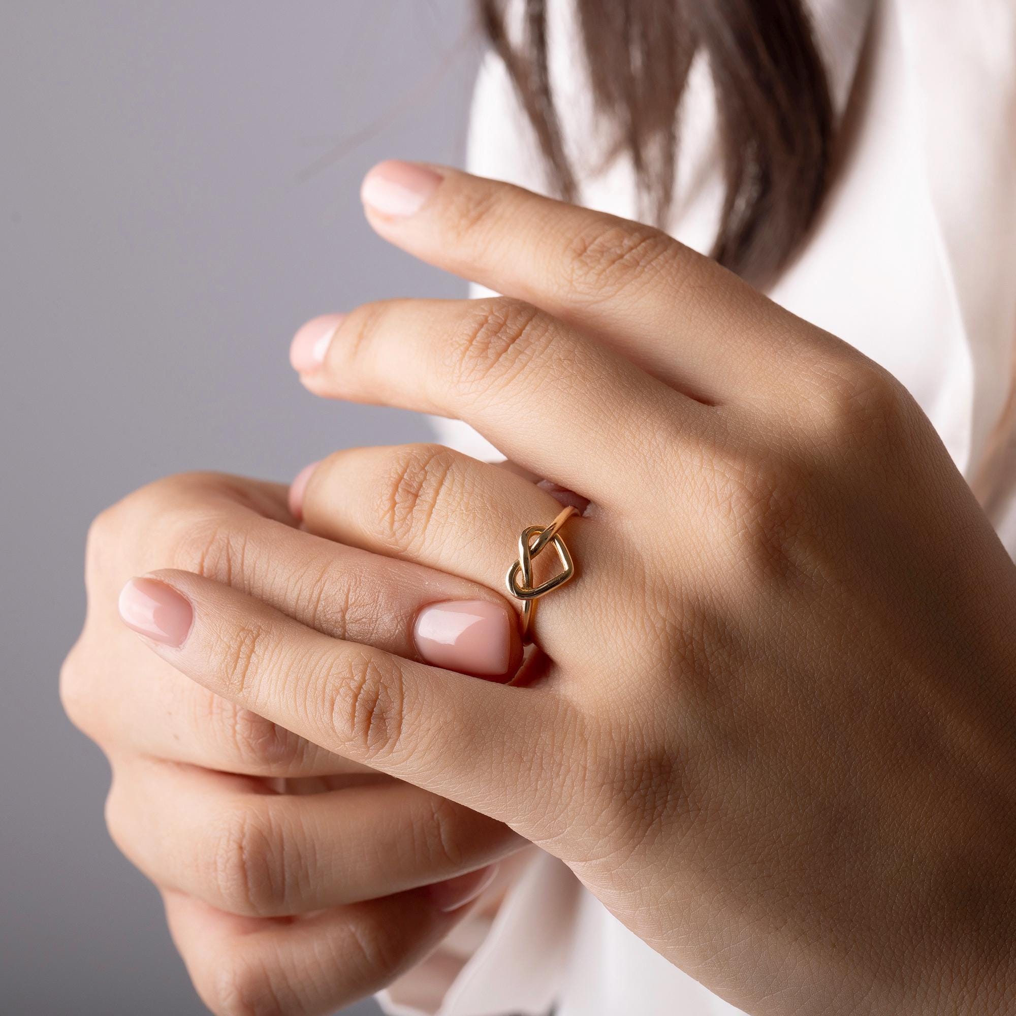 14K Solid Gold Heart Ring - Minimalist Love Knot Ring