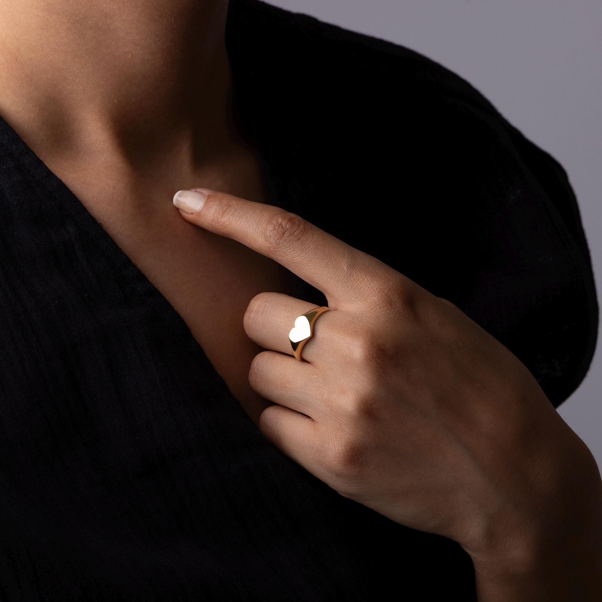 14K Solid Gold Heart Signet Ring -  Minimalist Chunky Gold Ring