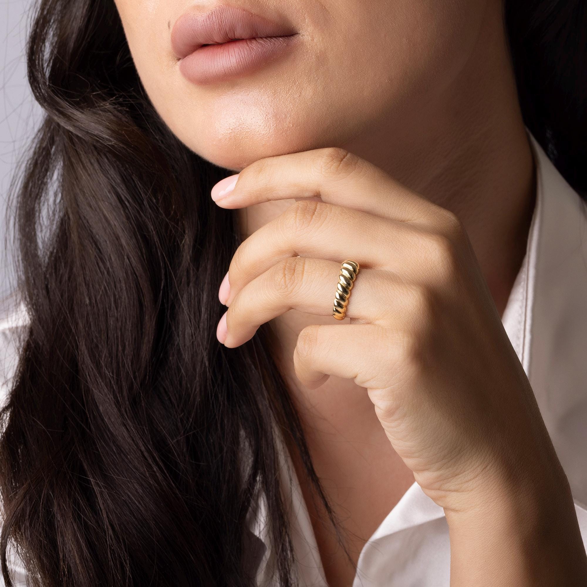 14K Solid Gold Spiral Band Ring – Chunky Chain Inspired Jewelry