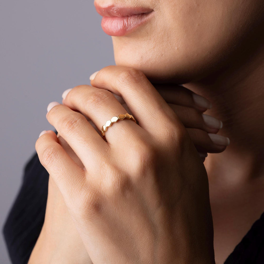 14K Solid Gold Hexagon Ring – Modern Geometric Band