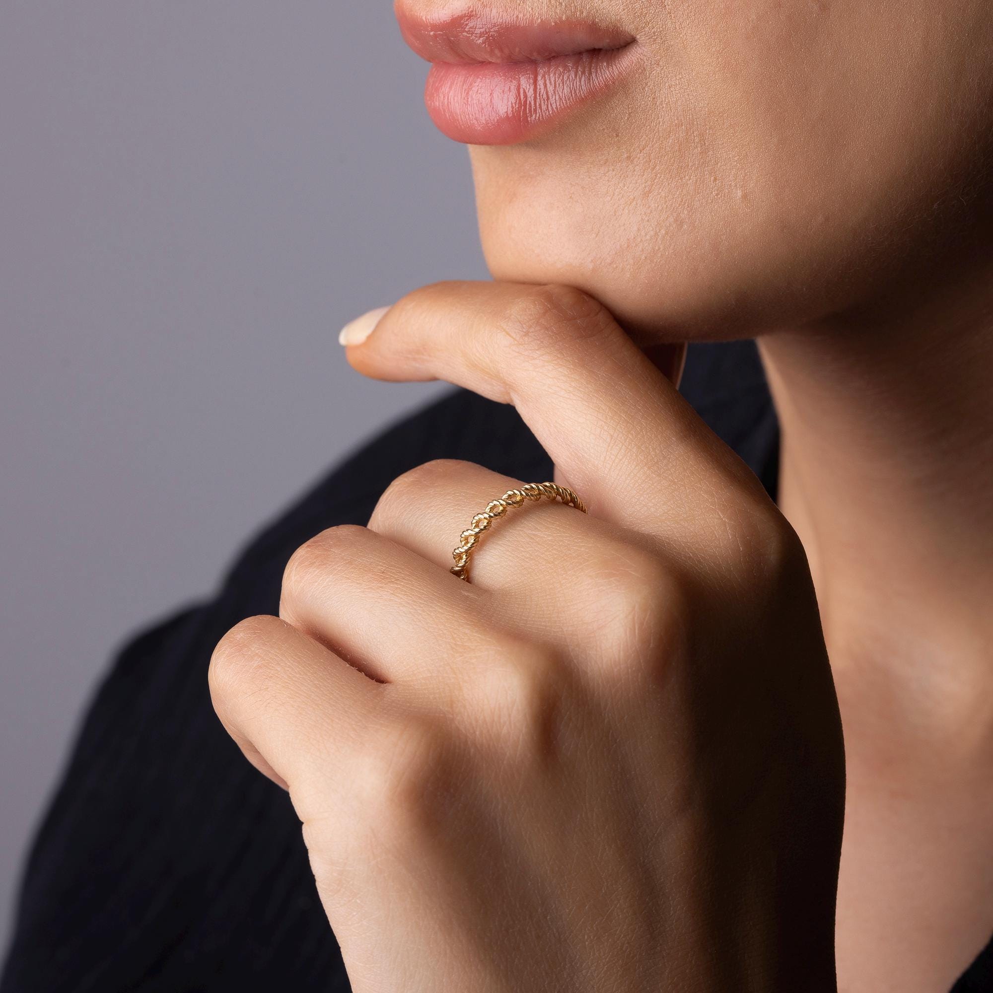 14K Solid Gold Chain Band Ring – Dainty Minimalist Link Design