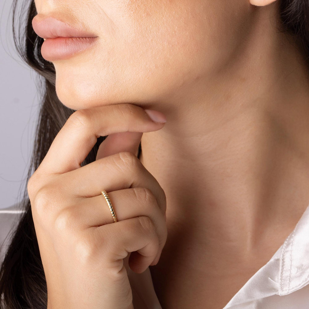 14K Solid Gold Beaded Band Ring – Dainty Minimalist Jewelry, Handmade Stacking Ring for Everyday Wear, Elegant Gift for Women and Girls