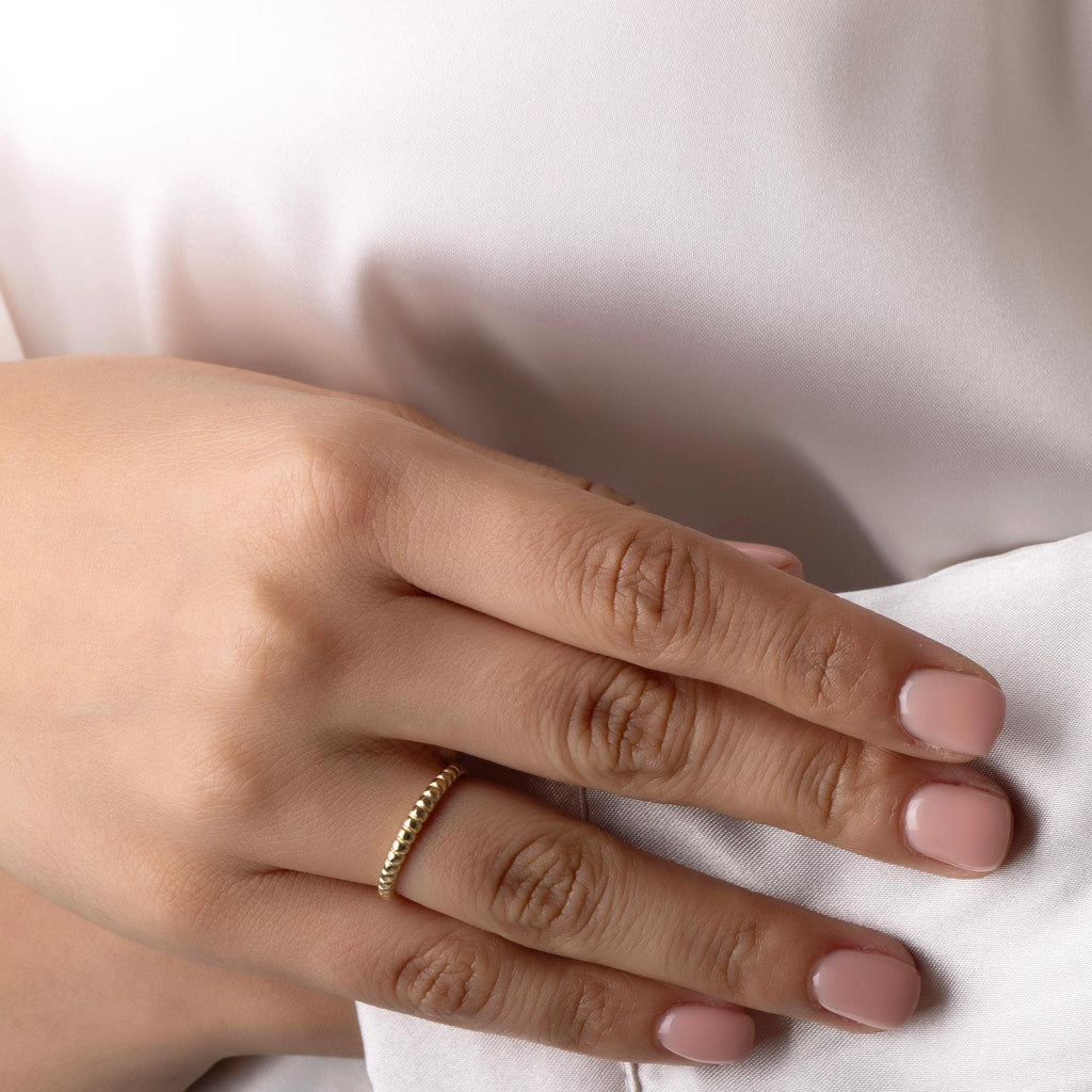 14K Solid Gold Beaded Band Ring – Dainty Minimalist Jewelry, Handmade Stacking Ring for Everyday Wear, Elegant Gift for Women and Girls