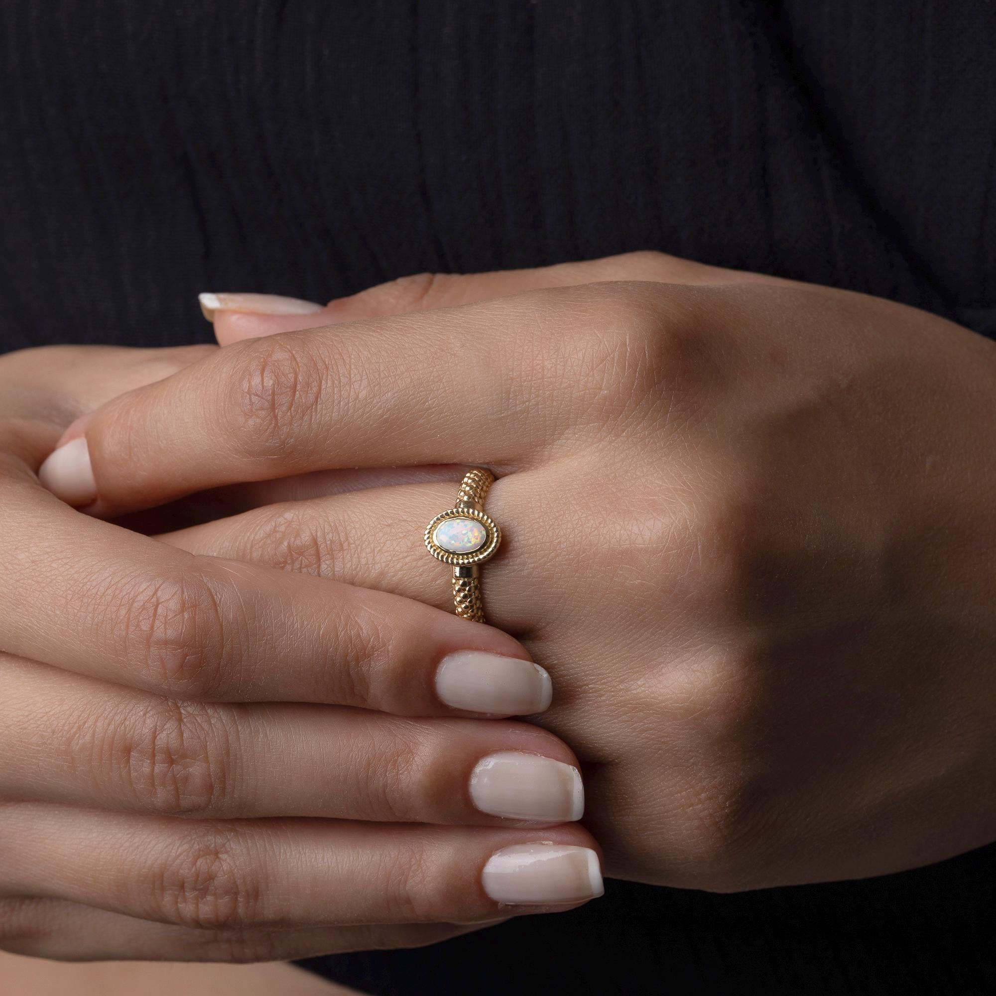 14K Solid Gold 9mm Opal Ring – Braided Band Minimalist Jewelry