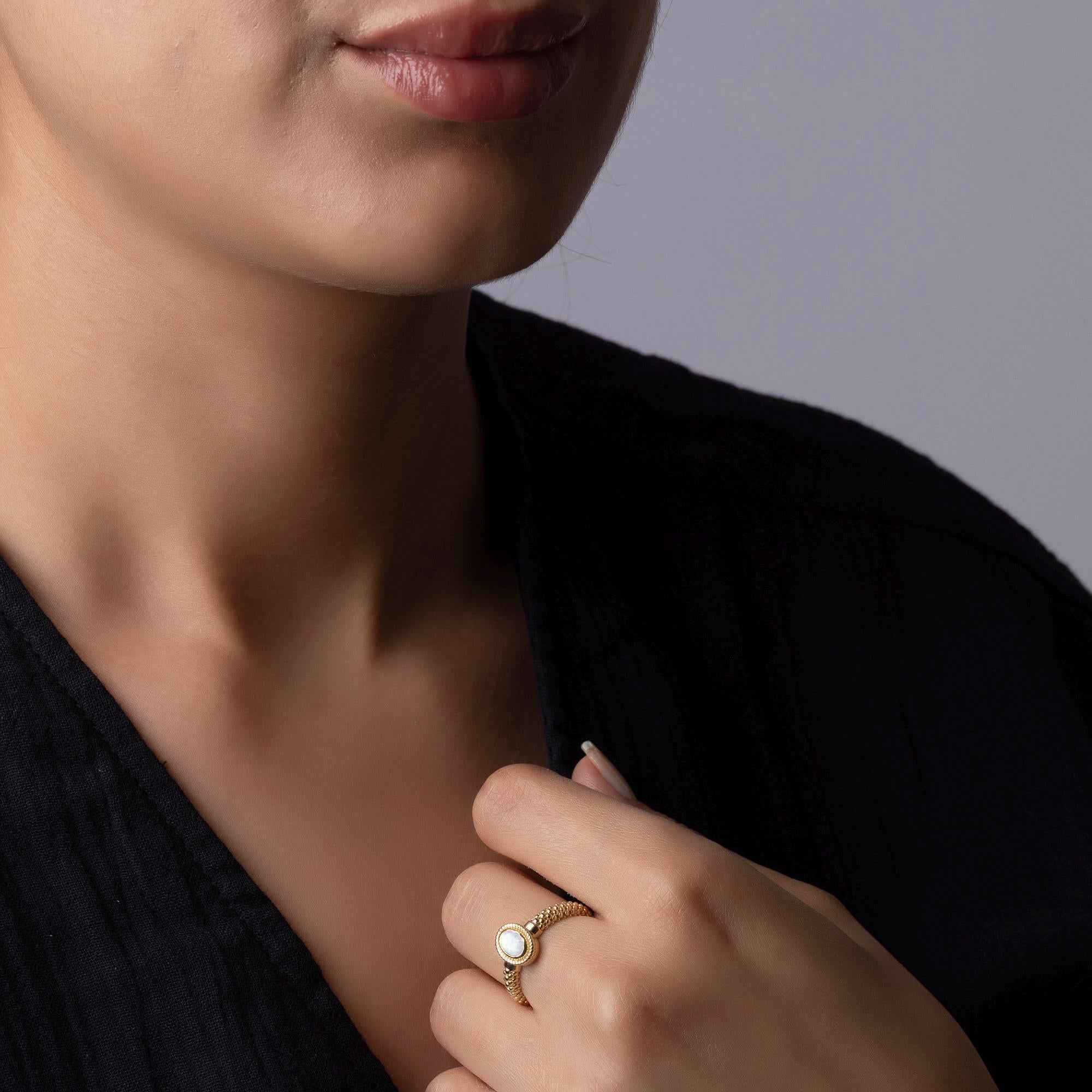 14K Solid Gold 9mm Opal Ring – Braided Band Minimalist Jewelry