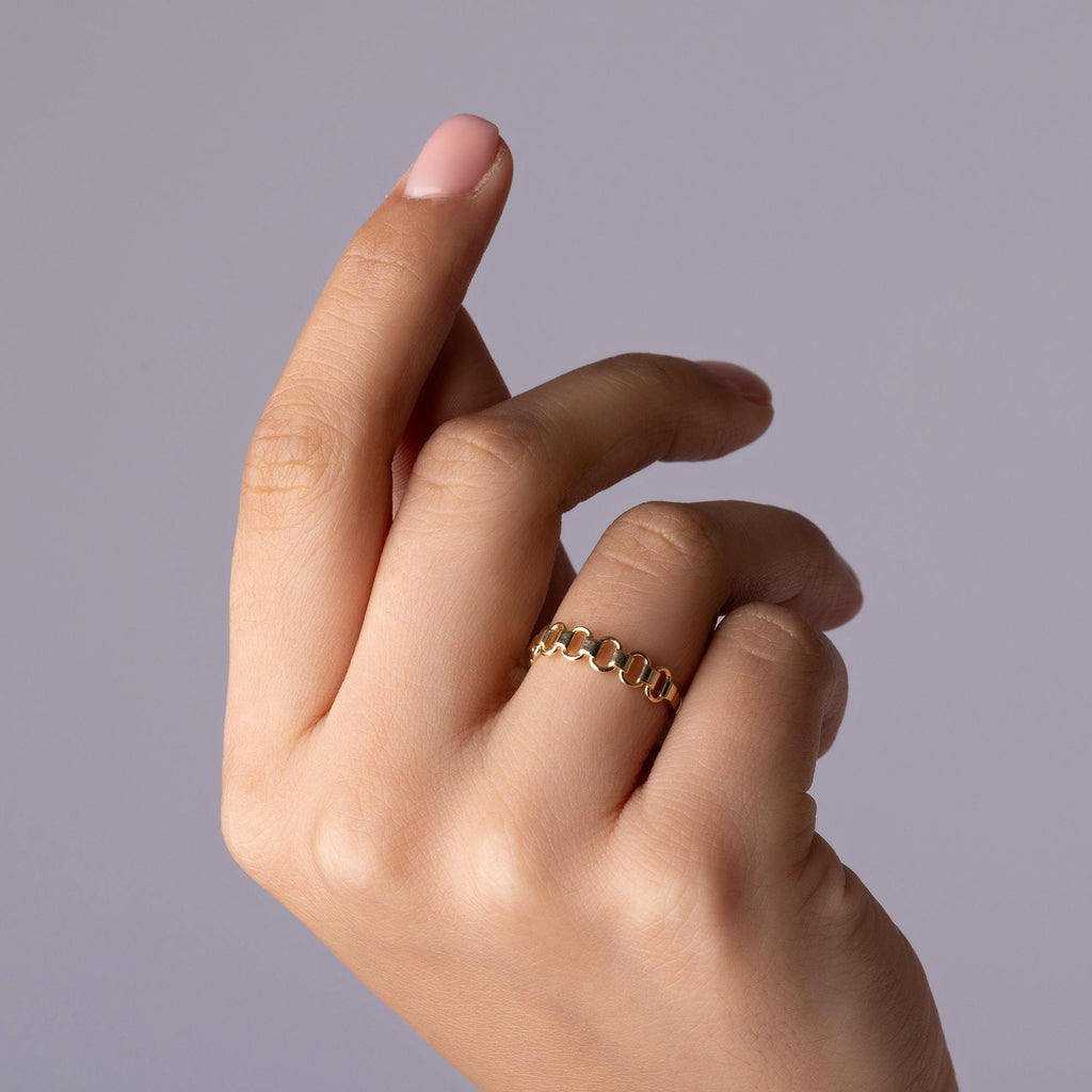 14K Solid Gold Link Ring – Modern Geometric Chain Band, Handmade Minimalist Stacking Jewelry, Unique Everyday Gold Ring Gift for Women