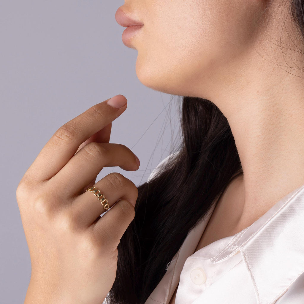 14K Solid Gold Link Ring – Modern Geometric Chain Band, Handmade Minimalist Stacking Jewelry, Unique Everyday Gold Ring Gift for Women