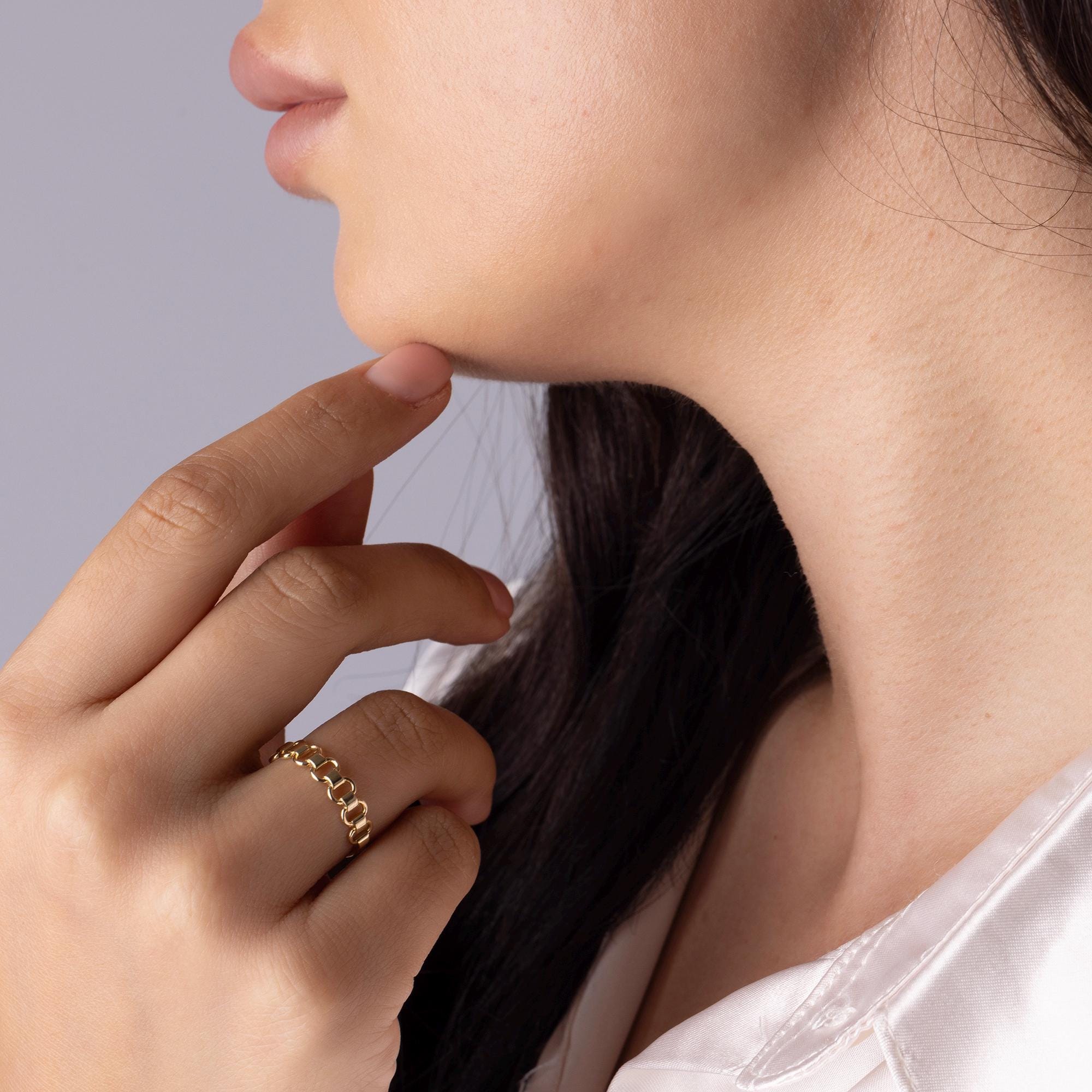 14K Solid Gold Link Ring – Modern Geometric Chain Band, Handmade Minimalist Stacking Jewelry, Unique Everyday Gold Ring Gift for Women