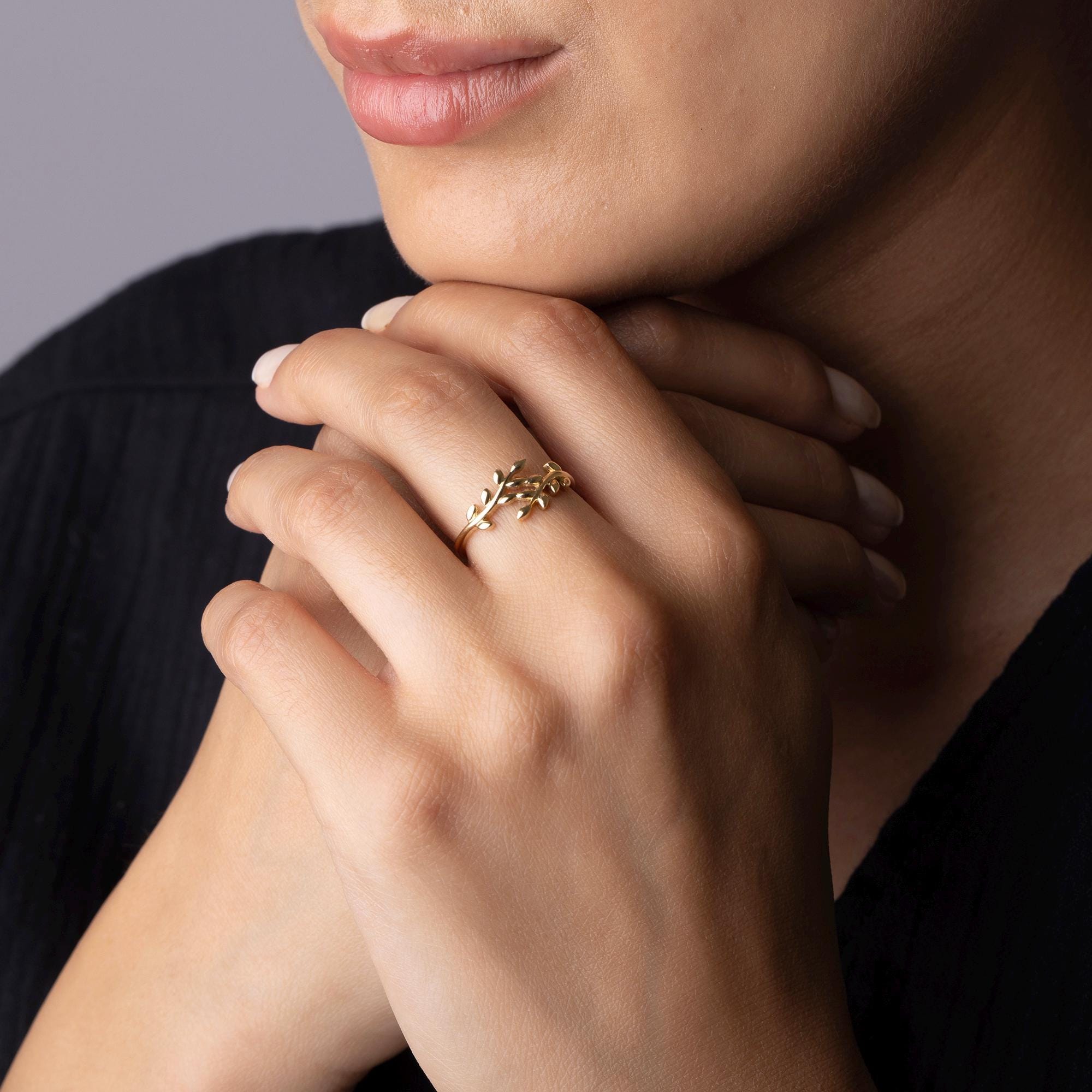 14K Solid Gold Branch Ring - Real Gold Nature Inspired Ring - Dainty Leaf Twig Ring