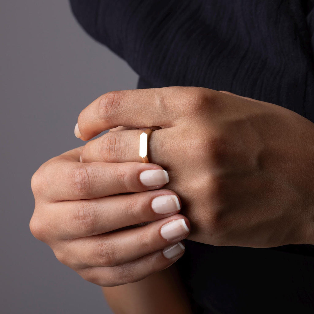 14K Solid Gold Geometric Ring – Minimalist Hexagon Signet Band
