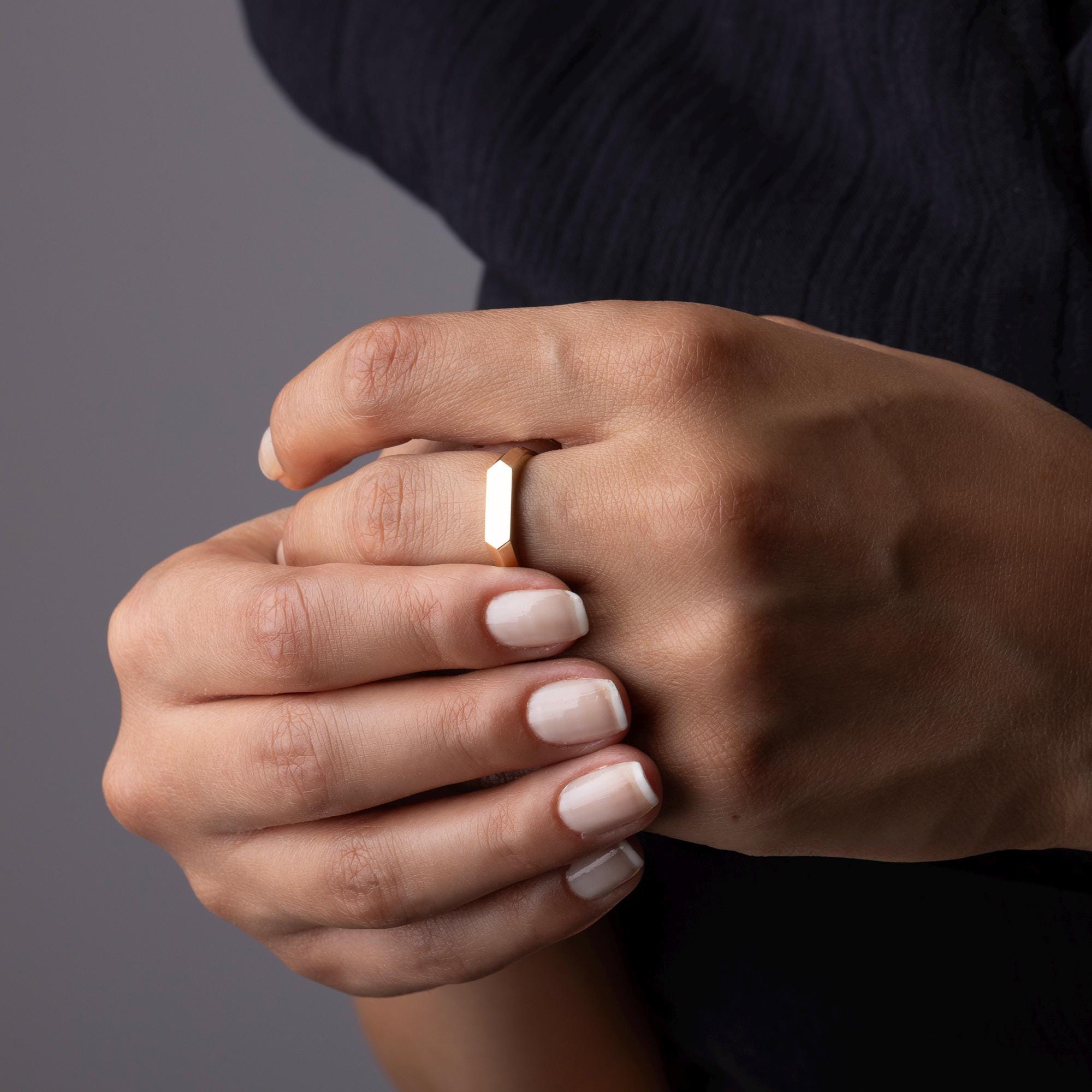 14K Solid Gold Geometric Ring – Minimalist Hexagon Signet Band